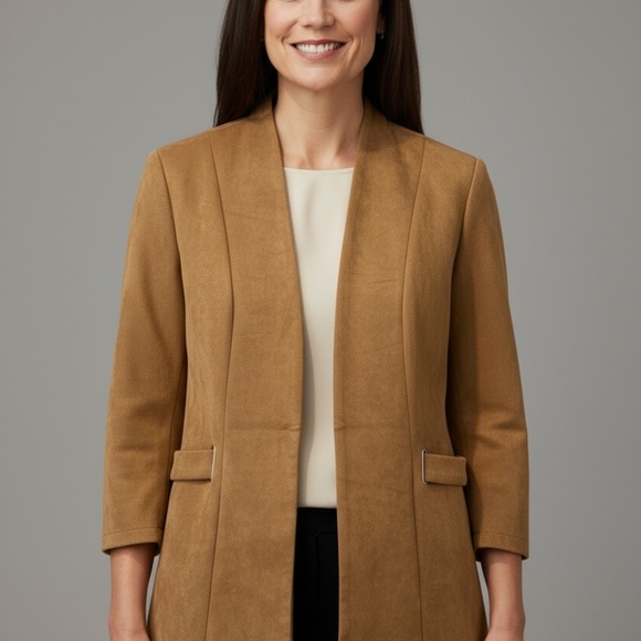 ✨ Faux Suede Open Front Blazer Coat – Camel Brown, Size L - Picture 3 of 9
